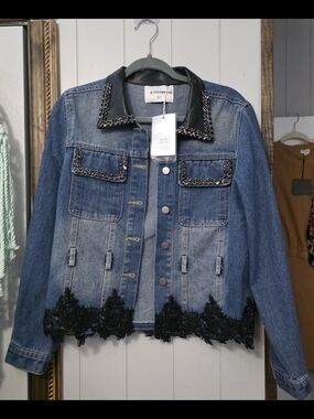Dreamers Denim Jacket with Black Lace Trim,  Studded Collar And Belt